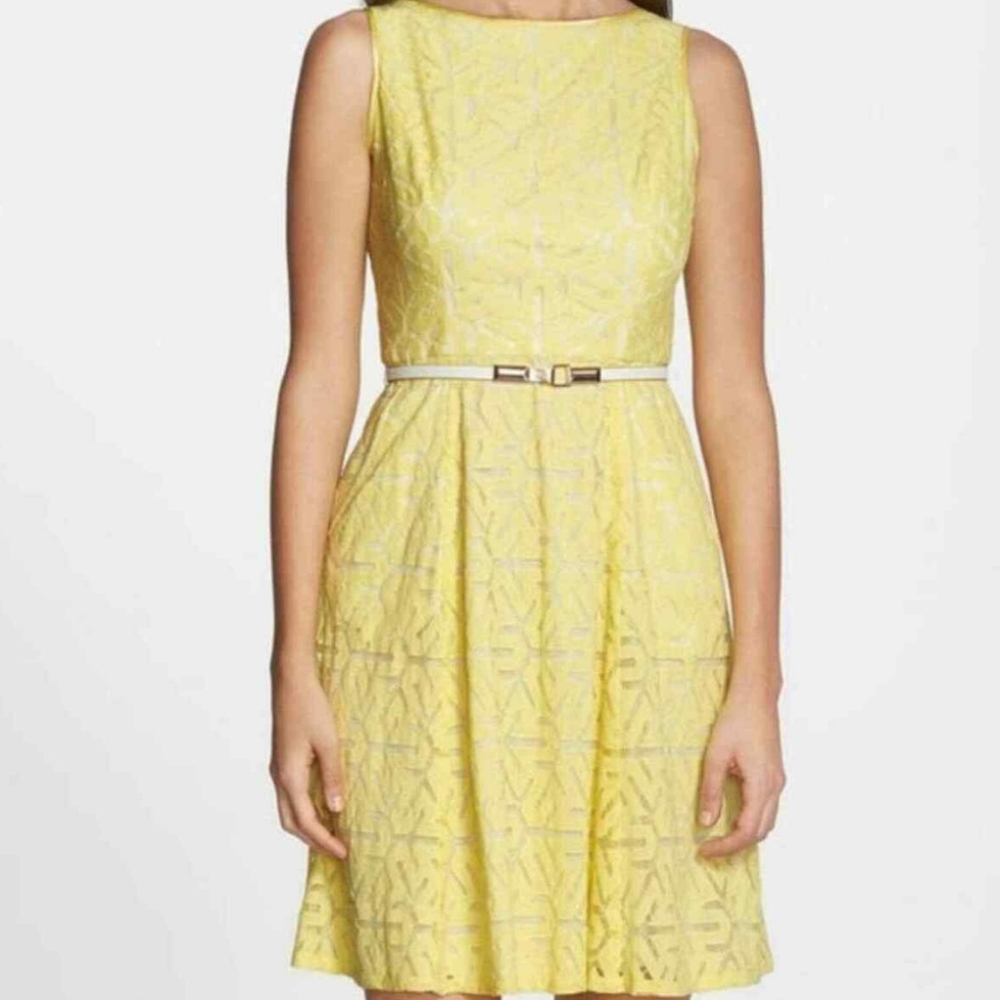 Adrianna Papell Yellow Laced Sleeveless A-Line Mini Dress